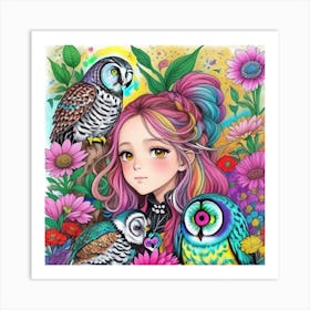 Girl and owl Lucky charms Art Print