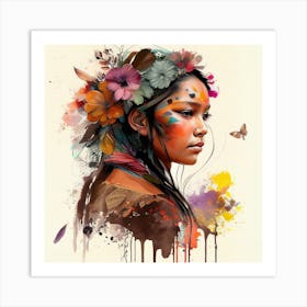 Watercolor Floral Indian Native Woman #4 Art Print