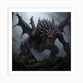 A giant monster hybrid of dragon and a spider, in a dark dense foggy forest Art Print