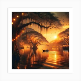 Sunset in the Forest: Tranquil Nature Landscape with Golden Glow Art Print