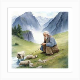 Shepherd With Sheep Art Print