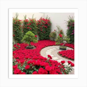 Red Roses And Bonsai Trees Art Print