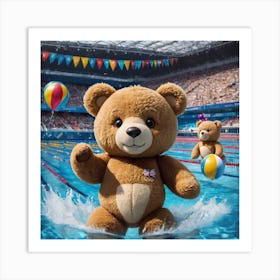 Teddy bear running on water playing ball Art Print