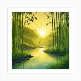 A Stream In A Bamboo Forest At Sun Rise Square Composition 3 Art Print