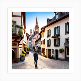 Man Walking Down A Cobblestone Street Art Print