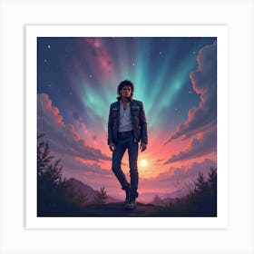 Michael Jackson With A Watercolor Aurora Sky Display 1 Art Print