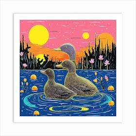 Duckling Colourful In The Pond Linocut Style 1 Art Print