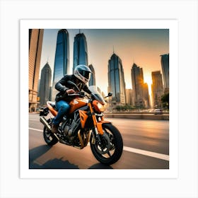 Motorbike Motorcycle Driver Steering Wheel Handlebar City Urban Sunset Riding Road Street Art Print