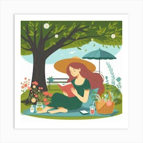 Girl Reading In The Park, Vector Style Art Print