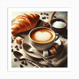 Cup Of Coffee With Croissant And Sugar Art Print