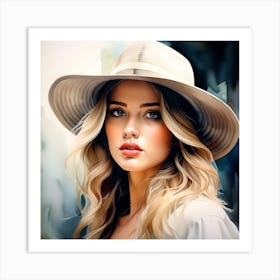 Beautiful Girl In White wearing a Hat -Watercolor Portrait Painting Art Print