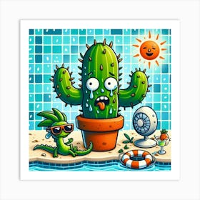 Cartoon Cactus In The Pool Póster