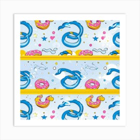 Abstract Happy Shower Scene Seamless Paper Design Featuring A Geometric Pattern Of Donuts With Ribb (1) 2 Art Print