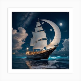 Sailing Ship At Night Art Print