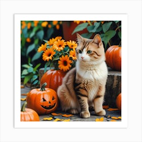 Cat With Pumpkins Art Print