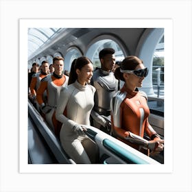 Group Of People On An Escalator Art Print