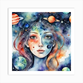 Watercolor Of A Girl With Planets 1 Art Print