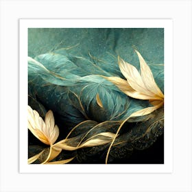 Gold Feathers on Turquoise Background Art Print