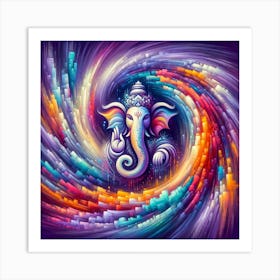 "Spiritual Spectrum: Lord Ganesha in Cosmic Vortex" - This transcendent artwork captures Lord Ganesha amidst a whirlwind of cosmic energy. A spiritual symphony of colors wraps around the deity in a vibrant vortex, symbolizing his role as the remover of obstacles and lord of new beginnings. The rich palette swirls with deep purples, blues, and fiery oranges, each hue melting into the next, representing the continuous flow of life’s cycles. This piece is a stunning fusion of tradition and modernity, ideal for bringing a touch of divine inspiration and artistic brilliance into your space. Own this captivating representation of Ganesha and let it be a beacon of wisdom, prosperity, and peace in your home. Art Print