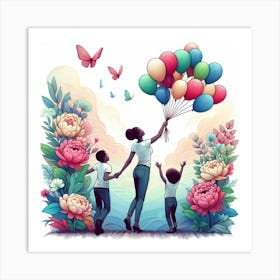 Mother And Children Holding Balloons Art Print