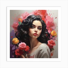 Portrait Of A Woman With Roses Art Print