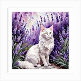 White Turkish Cat In Lavender Art Print