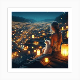 Little girl and her little dog looking at the night sky together 6 Art Print