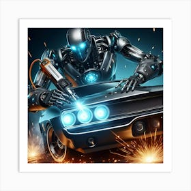 Futuristic Robot Working On Muscle Car 2 Art Print