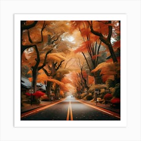 A Picture Of A Street With Trees In Fall Colors And Leaves On The Ground 2 Art Print