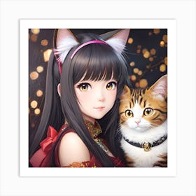 Kawaii anime portrait Hina with cat Art Print