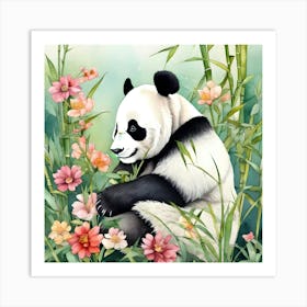 Panda Grass Nature Flowers Bamboo Black And White Cute Watercolor Art Print