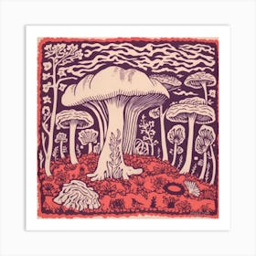 Mushroom Woodcut Purple 4 Art Print