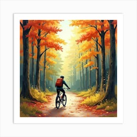 Mountain Bike Through A Vibrant Autumn Forest Watercolor 1 Art Print