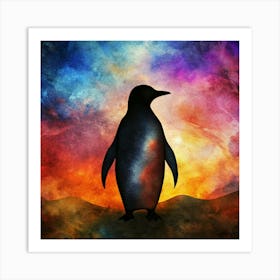 Silhouette Of A Penguin Against A Colorful Watercolor Sunset Art Print