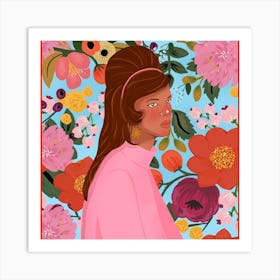 Pink Flowers And The 60's Girl Art Print