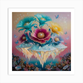 A Surreal Scene Featuring Giant Flowers Sprouting From Floating Islands With An Interesting Blend Of Coral Reefs, Butterflies, And Stars Art Print