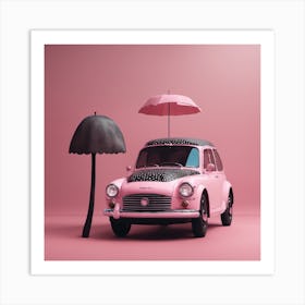 Pink Car With Umbrella Art Print