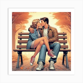 Kissing On A Bench Art Print