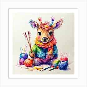 Deer With Knitting Needles Art Print