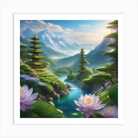 Zen Landscape With Lotus Flowers Art Print