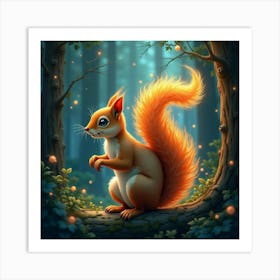 A Whimsical Squirrel With A Tail Of Glowing, Fractal Patterns Nestled In A Magical Forest 1 Art Print