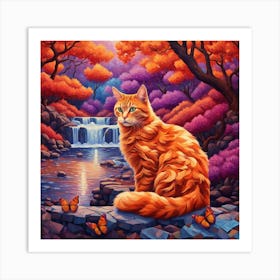 Orange Cat By The Waterfall Art Print