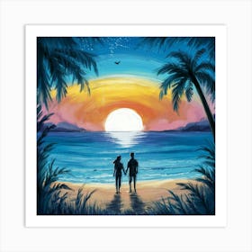 Sunset Couple Painting Art Print