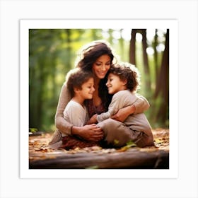 Mother Hugging Her Children In The Woods Art Print