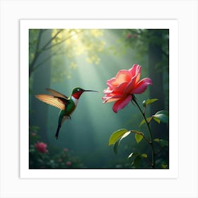 A Colorful Hummingbird Hovering Near An Oversized Rose, In A Dreamy, Mist Filled Forest Art Print