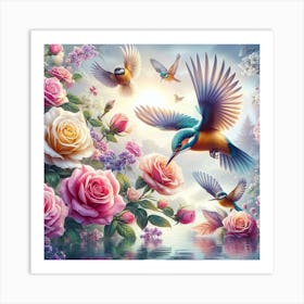 Birds Flying Over Roses Art Print