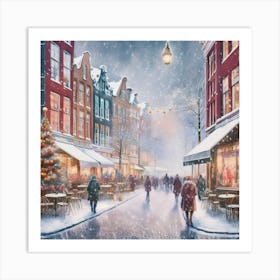 Amsterdam cafes, winter season, Christmas, pale colors, pedestrians in the street, winter clothes, falling snow.16 Art Print