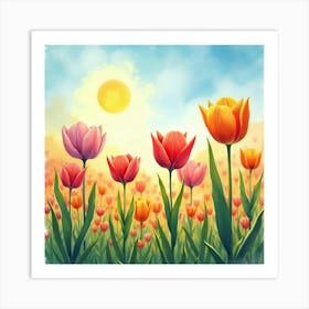 Colorful Tulips Dancing In A Watercolor Field Under A Sunny Sky Art Print