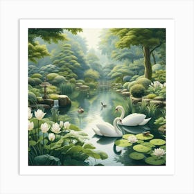 Swans In The Pond 4 Art Print