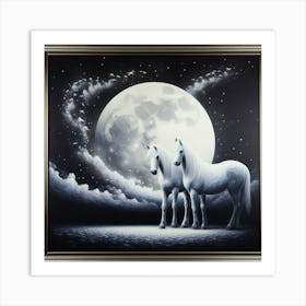 Two White Horses In The Moonlight Art Print